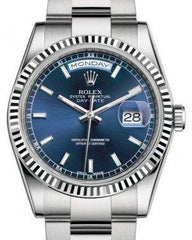 Rolex Day-Date 36 White Gold Blue Index Dial & Fluted Bezel Oyster Bracelet 118239