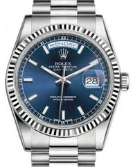 Rolex Day-Date 36 White Gold Blue Index Dial & Fluted Bezel President Bracelet 118239