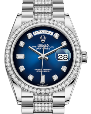 Rolex Day-Date 36 White Gold Blue Ombre Diamond Dial & Diamond Bezel Diamond Set President Bracelet 128239RBR