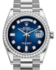 Rolex Day-Date 36 White Gold Blue Ombre Diamond Dial & Diamond Bezel President Bracelet 128239RBR