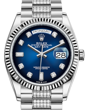 Rolex Day-Date 36 White Gold Blue Ombre Diamond Dial & Fluted Bezel Diamond Set President Bracelet 128239