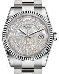 Rolex Day-Date 36 White Gold Carousel of White Mother of Pearl Diamond Dial & Fluted Bezel Oyster Bracelet 118239