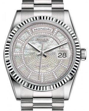 Rolex Day-Date 36 White Gold Carousel of White Mother of Pearl Diamond Dial & Fluted Bezel President Bracelet 118239