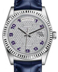 Rolex Day-Date 36 White Gold Diamond Paved Arabic Dial & Fluted Bezel Blue Leather Strap 118139