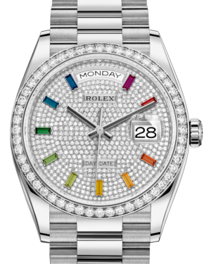 Rolex Day-Date 36 White Gold Diamond Paved Rainbow Colored Sapphires Dial & Diamond Bezel President Bracelet 128239RBR
