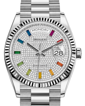 Rolex Day-Date 36 White Gold Diamond Paved Rainbow Colored Sapphires Dial & Fluted Bezel President Bracelet 128239