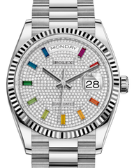 Rolex Day-Date 36 White Gold Diamond Paved Rainbow Colored Sapphires Dial & Fluted Bezel President Bracelet 128239