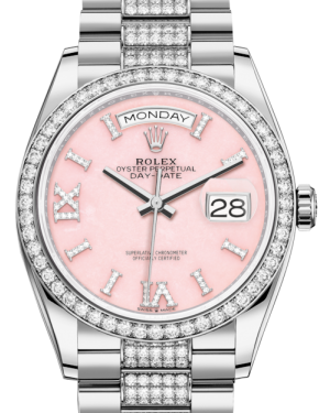 Rolex Day-Date 36 White Gold Pink Opal Diamond Dial & Diamond Bezel Diamond Set President Bracelet 128239RBR