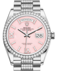 Rolex Day-Date 36 White Gold Pink Opal Diamond Dial & Diamond Bezel Diamond Set President Bracelet 128239RBR