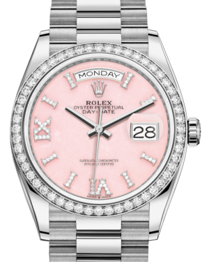 Rolex Day-Date 36 White Gold Pink Opal Diamond Dial & Diamond Bezel President Bracelet 128239RBR