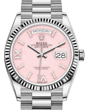 Rolex Day-Date 36 White Gold Pink Opal Diamond Dial & Fluted Bezel President Bracelet 128239