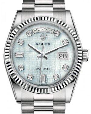 Rolex Day-Date 36 White Gold Platinum Mother of Pearl with Oxford Motif Diamond Dial & Fluted Bezel President Bracelet 118239