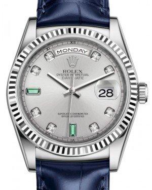 Rolex Day-Date 36 White Gold Rhodium Diamond & Emeralds Dial & Fluted Bezel Blue Leather Strap 118139