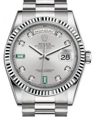Rolex Day-Date 36 White Gold Rhodium Diamond & Emeralds Dial & Fluted Bezel President Bracelet 118239