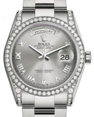 Rolex Day-Date 36 White Gold Rhodium Roman Dial & Diamond Set Case & Bezel Oyster Bracelet 118389