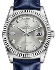 Rolex Day-Date 36 White Gold Silver Diamond Dial & Fluted Bezel Blue Leather Strap 118139