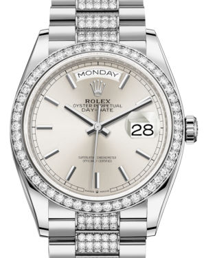 Rolex Day-Date 36 White Gold Silver Index Dial & Diamond Bezel Diamond Set President Bracelet 128239RBR