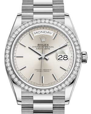 Rolex Day-Date 36 White Gold Silver Index Dial & Diamond Bezel President Bracelet 128239RBR