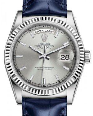 Rolex Day-Date 36 White Gold Silver Index Dial & Fluted Bezel Blue Leather Strap 118139