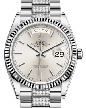 Rolex Day-Date 36 White Gold Silver Index Dial & Fluted Bezel Diamond Set President Bracelet 128239