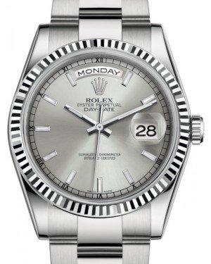 Rolex Day-Date 36 White Gold Silver Index Dial & Fluted Bezel Oyster Bracelet 118239