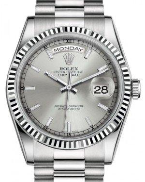 Rolex Day-Date 36 White Gold Silver Index Dial & Fluted Bezel President Bracelet 118239