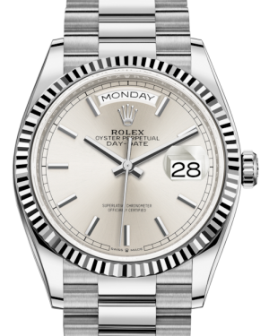 Rolex Day-Date 36 White Gold Silver Index Dial & Fluted Bezel President Bracelet 128239