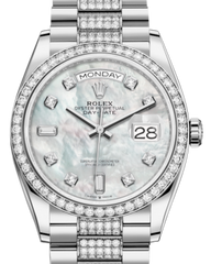 Rolex Day-Date 36 White Gold White Mother of Pearl Diamond Dial & Diamond Bezel Diamond Set President Bracelet 128239RBR
