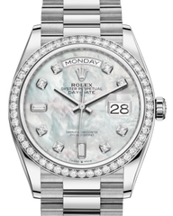 Rolex Day-Date 36 White Gold White Mother of Pearl Diamond Dial & Diamond Bezel President Bracelet 128239RBR
