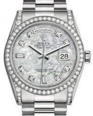 Rolex Day-Date 36 White Gold White Mother of Pearl Diamond Dial & Diamond Set Case & Bezel President Bracelet 118389