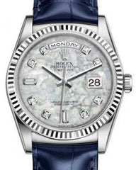 Rolex Day-Date 36 White Gold White Mother of Pearl Diamond Dial & Fluted Bezel Blue Leather Strap 118139