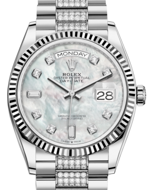 Rolex Day-Date 36 White Gold White Mother of Pearl Diamond Dial & Fluted Bezel Diamond Set President Bracelet 128239