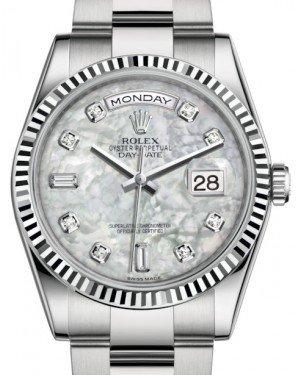 Rolex Day-Date 36 White Gold White Mother of Pearl Diamond Dial & Fluted Bezel Oyster Bracelet 118239