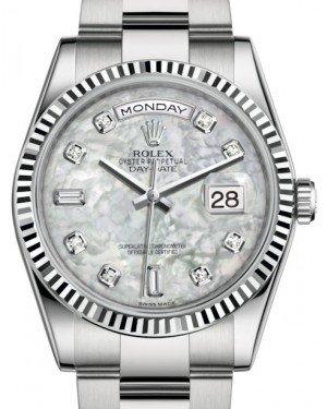 Rolex Day-Date 36 White Gold White Mother of Pearl Diamond Dial & Fluted Bezel Oyster Bracelet 118239
