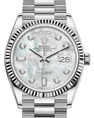 Rolex Day-Date 36 White Gold White Mother of Pearl Diamond Dial & Fluted Bezel President Bracelet 128239