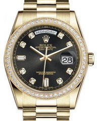 Rolex Day-Date 36 Yellow Gold Black Diamond Dial & Diamond Bezel President Bracelet 118348