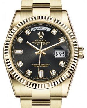 Rolex Day-Date 36 Yellow Gold Black Diamond Dial & Fluted Bezel Oyster Bracelet 118238