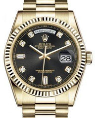 Rolex Day-Date 36 Yellow Gold Black Diamond Dial & Fluted Bezel President Bracelet 118238