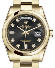 Rolex Day-Date 36 Yellow Gold Black Diamond Dial & Smooth Domed Bezel Oyster Bracelet 118208