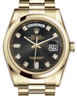 Rolex Day-Date 36 Yellow Gold Black Diamond Dial & Smooth Domed Bezel President Bracelet 118208