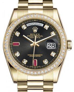 Rolex Day-Date 36 Yellow Gold Black Diamond & Rubies Dial & Diamond Bezel President Bracelet 118348