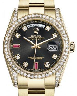 Rolex Day-Date 36 Yellow Gold Black Diamond & Rubies Dial & Diamond Set Case & Bezel Oyster Bracelet 118388