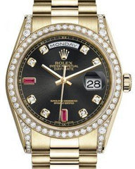 Rolex Day-Date 36 Yellow Gold Black Diamond & Rubies Dial & Diamond Set Case & Bezel President Bracelet 118388