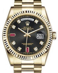 Rolex Day-Date 36 Yellow Gold Black Diamond & Rubies Dial & Fluted Bezel President Bracelet 118238