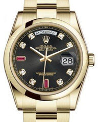 Rolex Day-Date 36 Yellow Gold Black Diamond & Rubies Dial & Smooth Domed Bezel Oyster Bracelet 118208