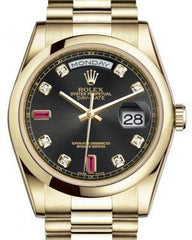 Rolex Day-Date 36 Yellow Gold Black Diamond & Rubies Dial & Smooth Domed Bezel President Bracelet 118208