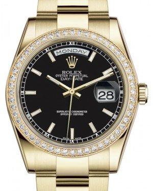Rolex Day-Date 36 Yellow Gold Black Index Dial & Diamond Bezel Oyster Bracelet 118348
