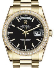 Rolex Day-Date 36 Yellow Gold Black Index Dial & Diamond Bezel President Bracelet 118348