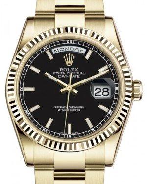 Rolex Day-Date 36 Yellow Gold Black Index Dial & Fluted Bezel Oyster Bracelet 118238