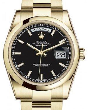 Rolex Day-Date 36 Yellow Gold Black Index Dial & Smooth Domed Bezel Oyster Bracelet 118208